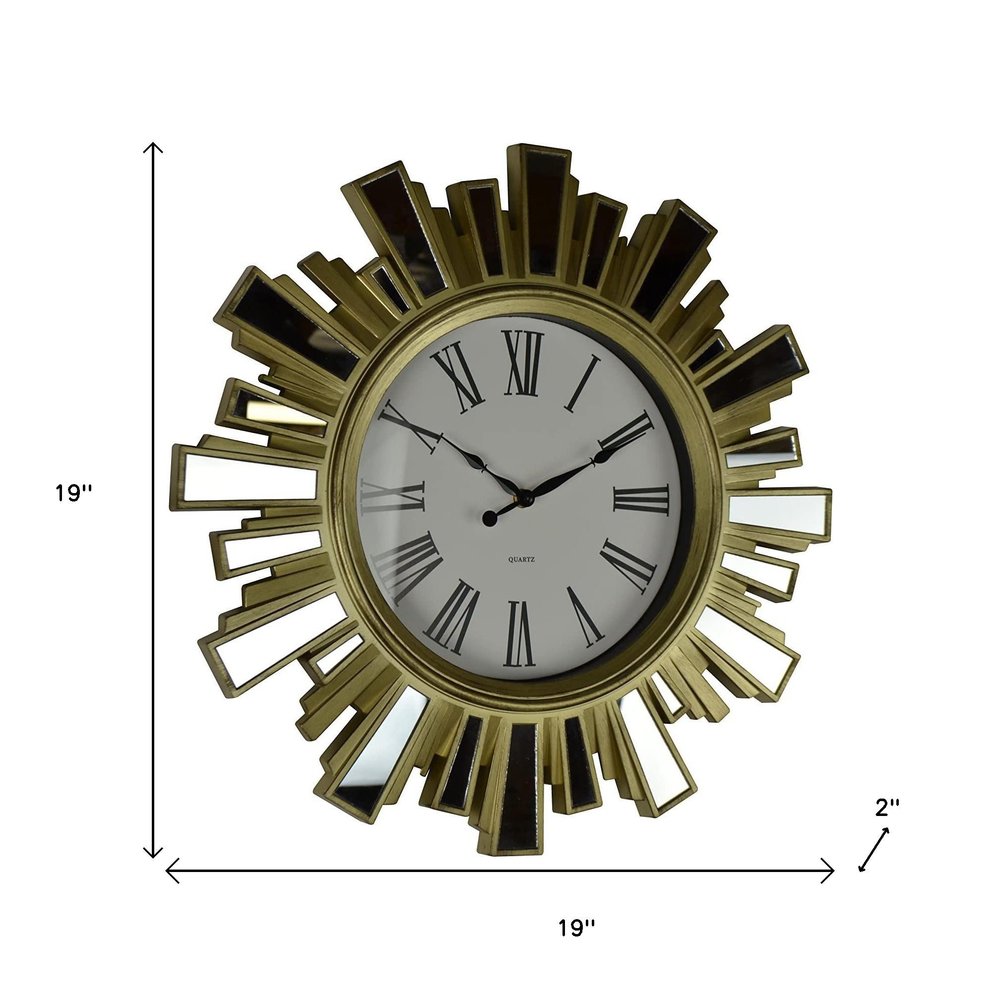 19" Gold And Clear Mirrored Glass And Heavy Duty Plastic Silent Analog Sunburst Wall Clock