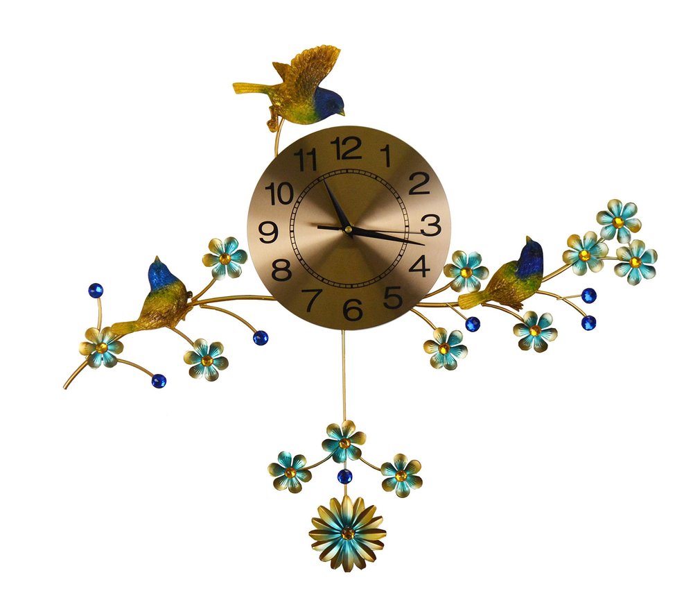 24" Blue Green And Gold Metal Silent Pendulum Floral Wall Clock