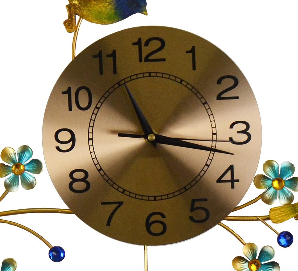 24" Blue Green And Gold Metal Silent Pendulum Floral Wall Clock