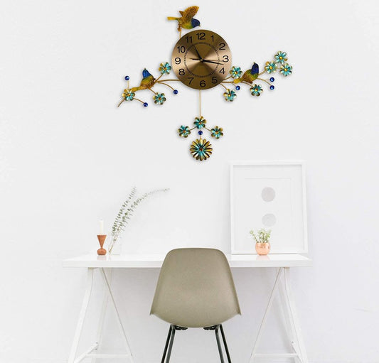 24" Blue Green And Gold Metal Silent Pendulum Floral Wall Clock