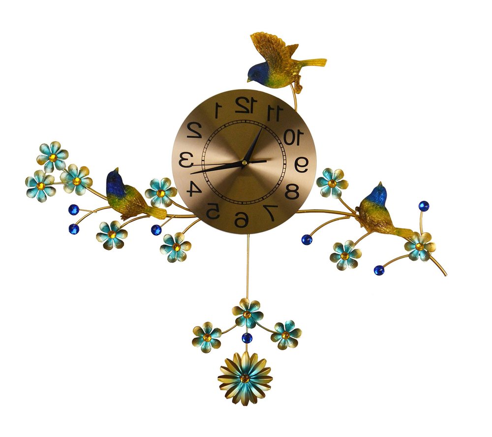 24" Blue Green And Gold Metal Silent Pendulum Floral Wall Clock