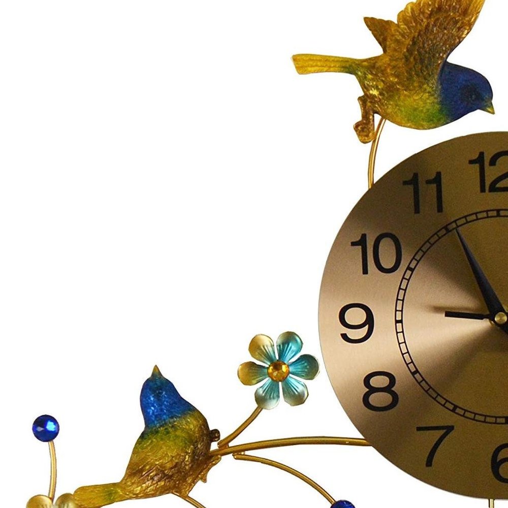 24" Blue Green And Gold Metal Silent Pendulum Floral Wall Clock