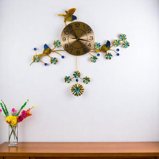 24" Blue Green And Gold Metal Silent Pendulum Floral Wall Clock