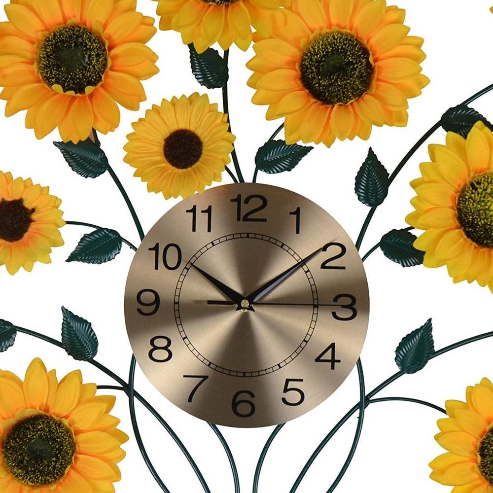 31" Yellow Green And Gold Metal Silent Analog Sunflower Floral Wall Clock