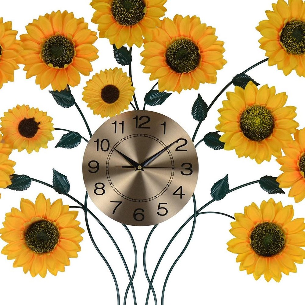 31" Yellow Green And Gold Metal Silent Analog Sunflower Floral Wall Clock