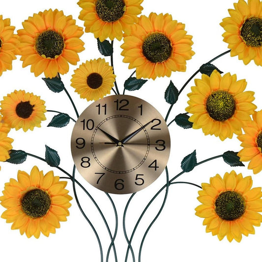 31" Yellow Green And Gold Metal Silent Analog Sunflower Floral Wall Clock