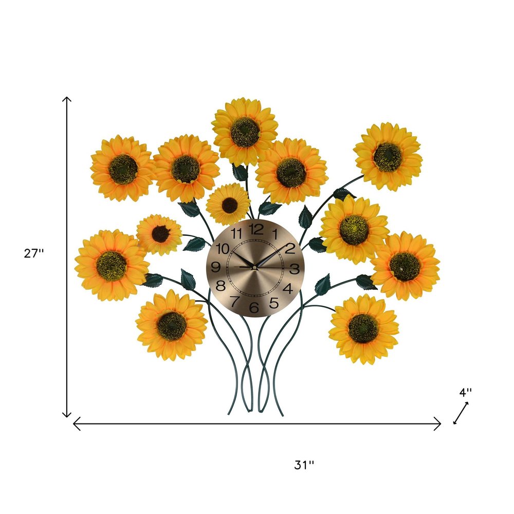 31" Yellow Green And Gold Metal Silent Analog Sunflower Floral Wall Clock