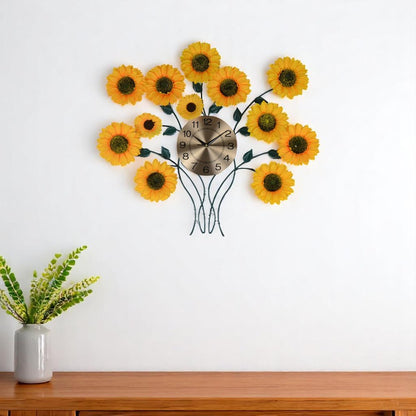 31" Yellow Green And Gold Metal Silent Analog Sunflower Floral Wall Clock
