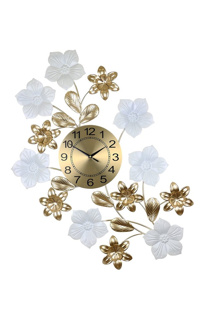 26" Gold White And Black Metal Silent Analog Floral Wall Clock