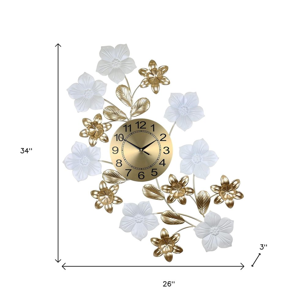 26" Gold White And Black Metal Silent Analog Floral Wall Clock
