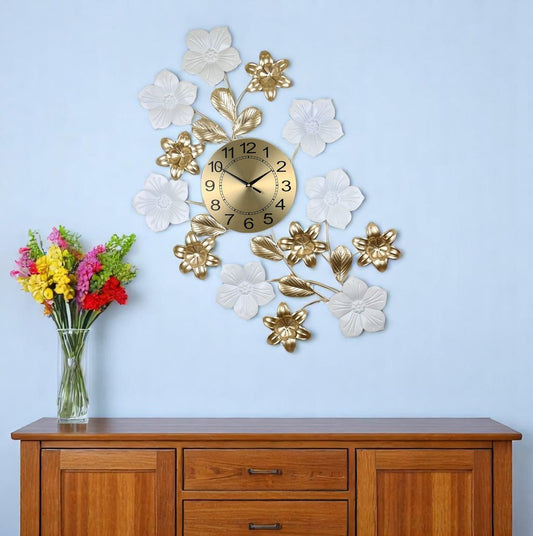 26" Gold White And Black Metal Silent Analog Floral Wall Clock