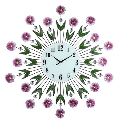 27" Purple Green And White Metal and Glass Silent Analog Floral Round Wall Clock