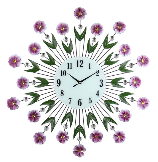 27" Purple Green And White Metal and Glass Silent Analog Floral Round Wall Clock