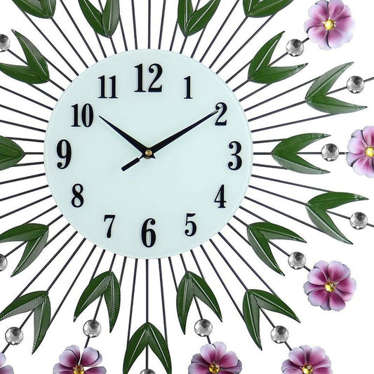 27" Purple Green And White Metal and Glass Silent Analog Floral Round Wall Clock