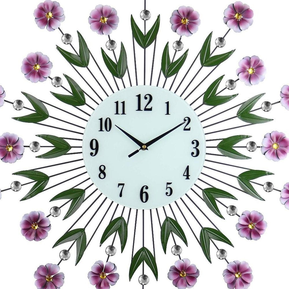 27" Purple Green And White Metal and Glass Silent Analog Floral Round Wall Clock
