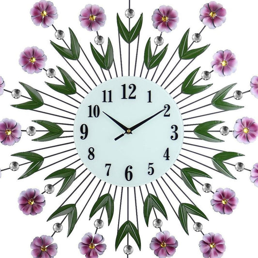27" Purple Green And White Metal and Glass Silent Analog Floral Round Wall Clock