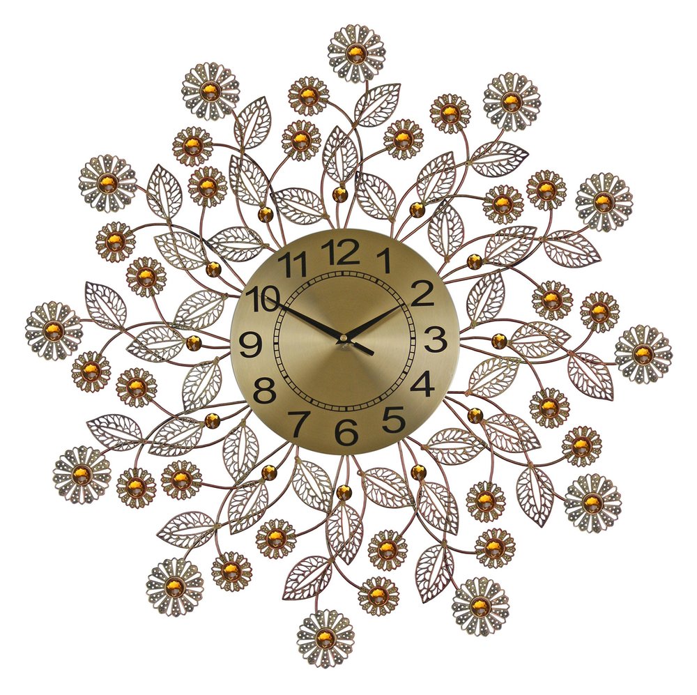 27" Gold And Black Metal And Faux Crystal Silent Analog FloralWall Clock