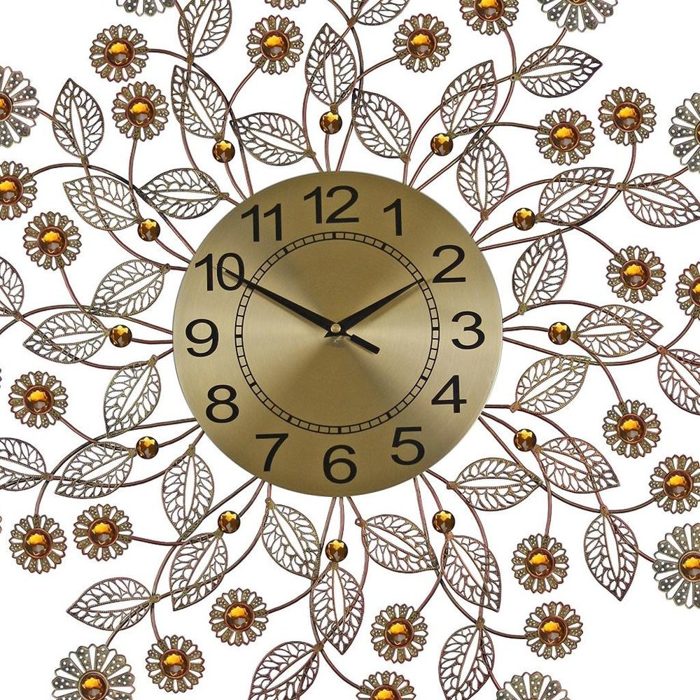 27" Gold And Black Metal And Faux Crystal Silent Analog FloralWall Clock