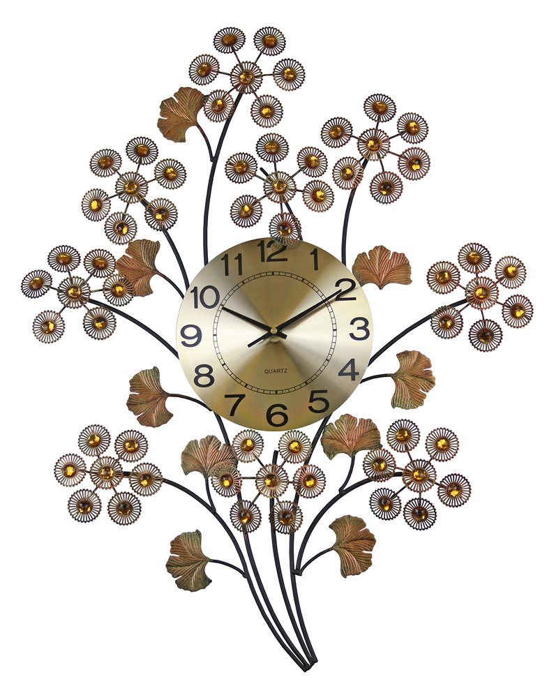 22" Copper Metal And Faux Crystal Silent Analog Gingko Floral Wall Clock