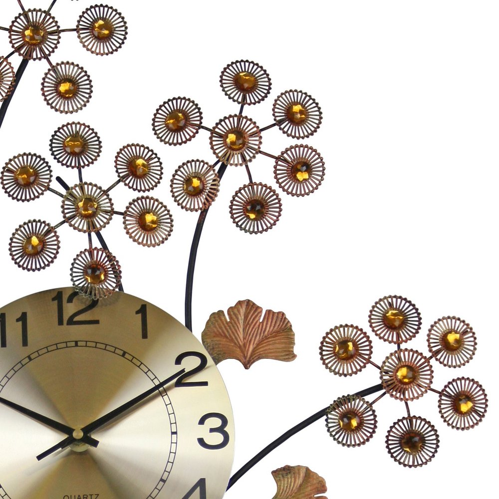22" Copper Metal And Faux Crystal Silent Analog Gingko Floral Wall Clock