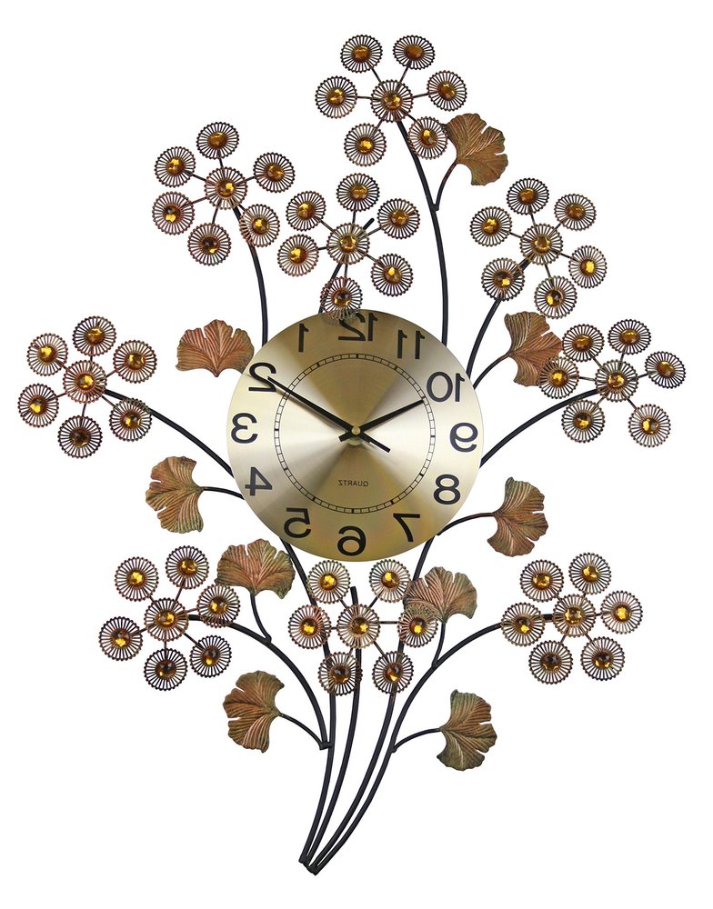 22" Copper Metal And Faux Crystal Silent Analog Gingko Floral Wall Clock