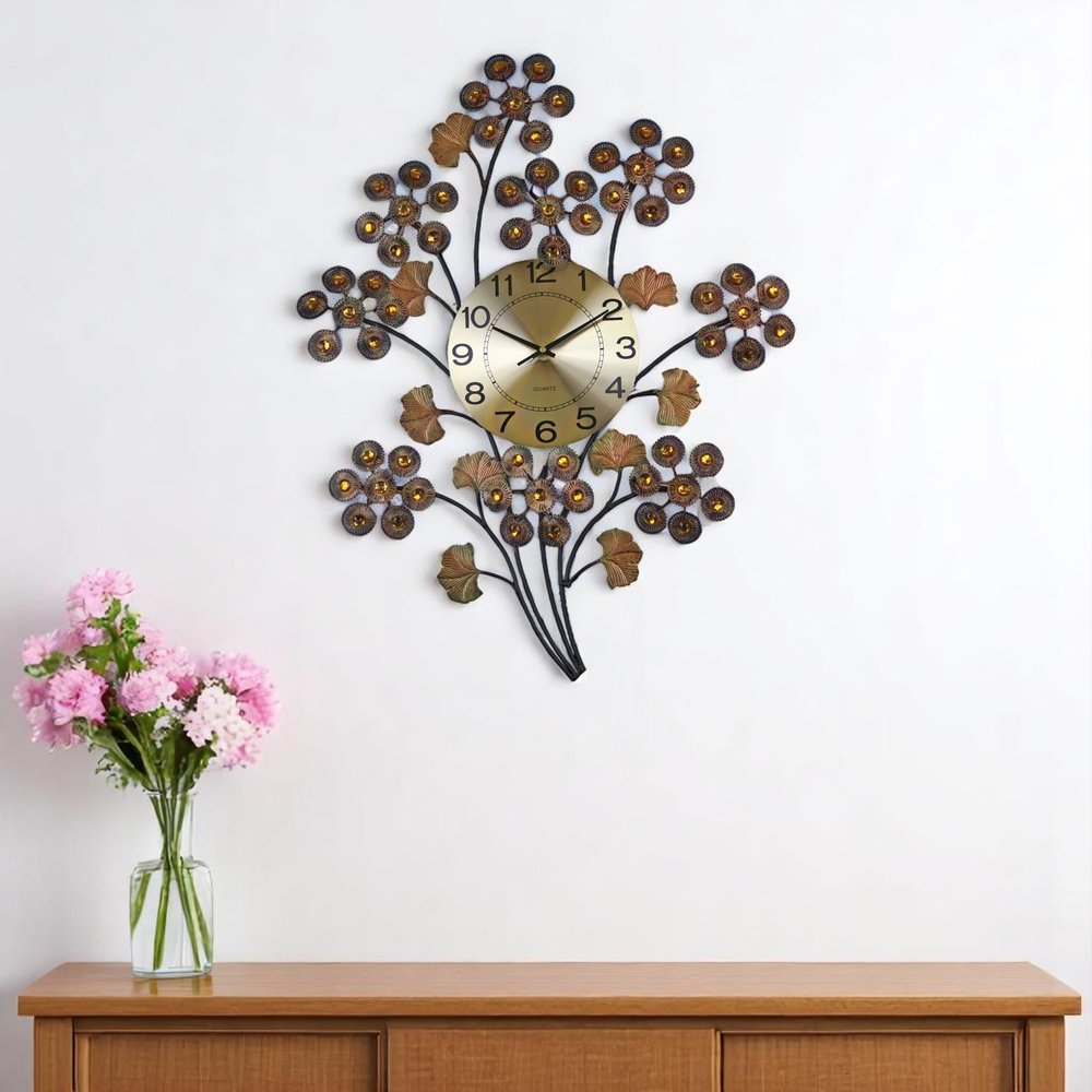 22" Copper Metal And Faux Crystal Silent Analog Gingko Floral Wall Clock