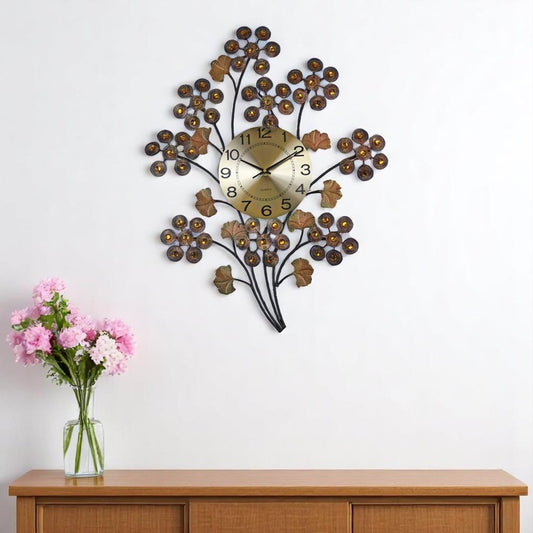 22" Copper Metal And Faux Crystal Silent Analog Gingko Floral Wall Clock