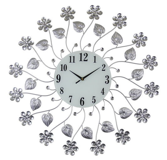 27" Silver White And Black Metal and Glass Silent Analog Floral Round Wall Clock