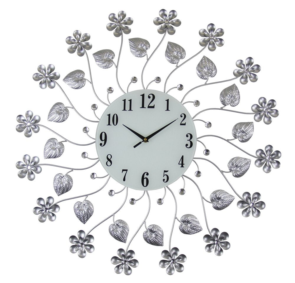 27" Silver White And Black Metal and Glass Silent Analog Floral Round Wall Clock