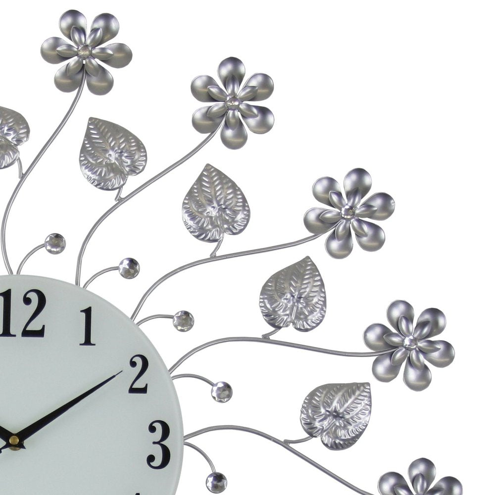 27" Silver White And Black Metal and Glass Silent Analog Floral Round Wall Clock