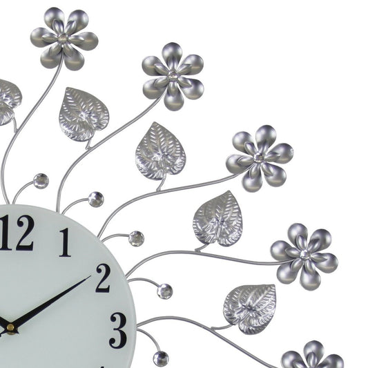 27" Silver White And Black Metal and Glass Silent Analog Floral Round Wall Clock