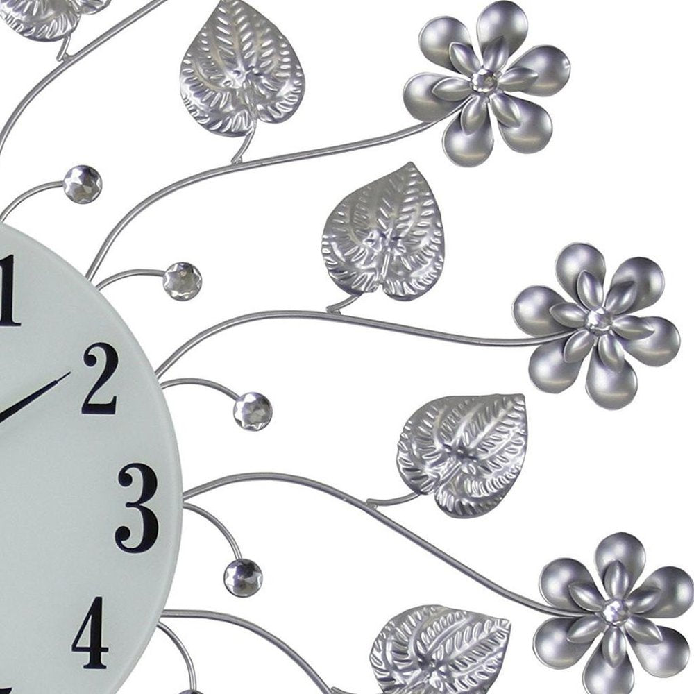 27" Silver White And Black Metal and Glass Silent Analog Floral Round Wall Clock