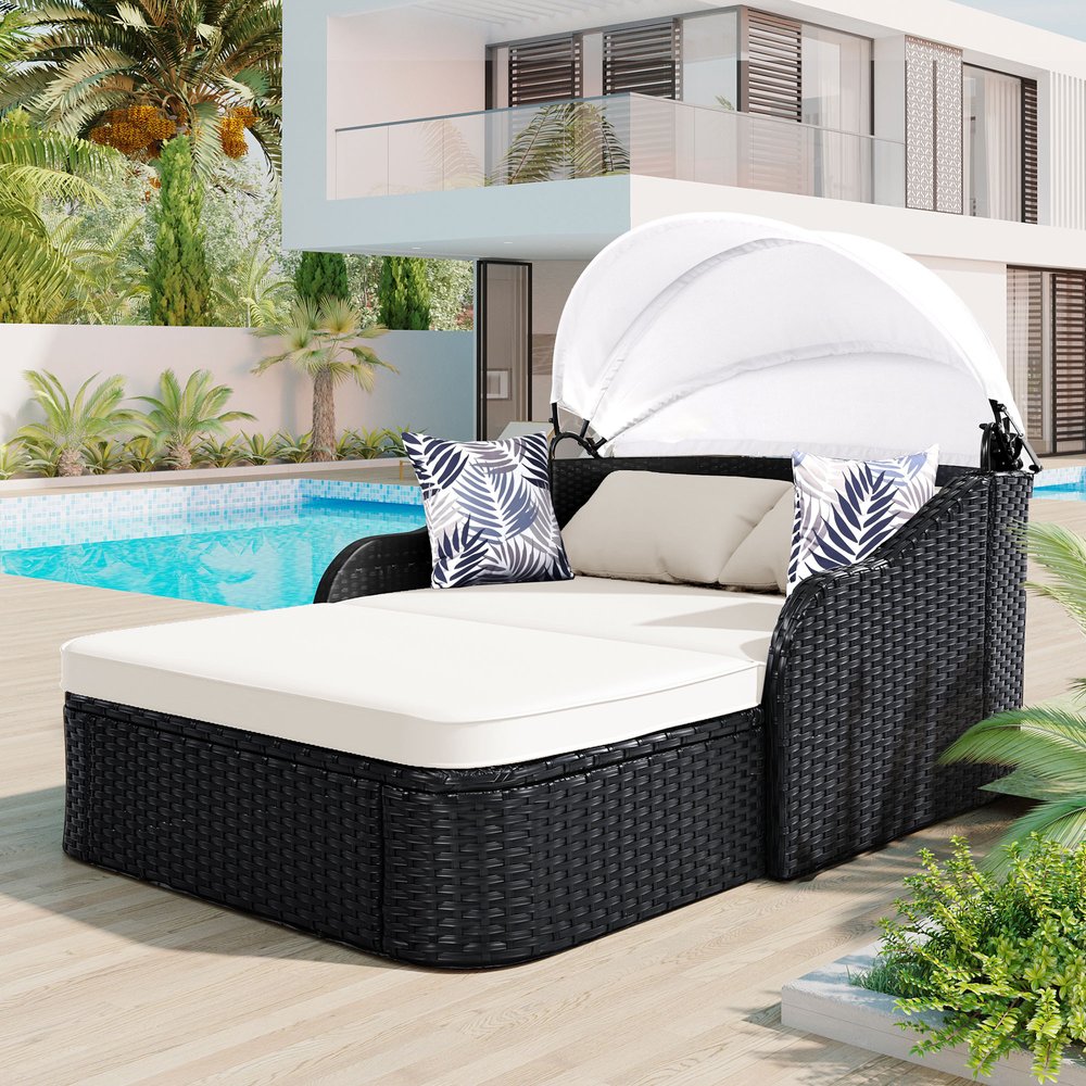 48" Black Rattan and Cushions Patio Daybed with Toss Pillows