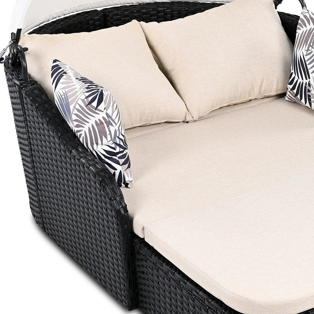 48" Black Rattan and Cushions Patio Daybed with Toss Pillows