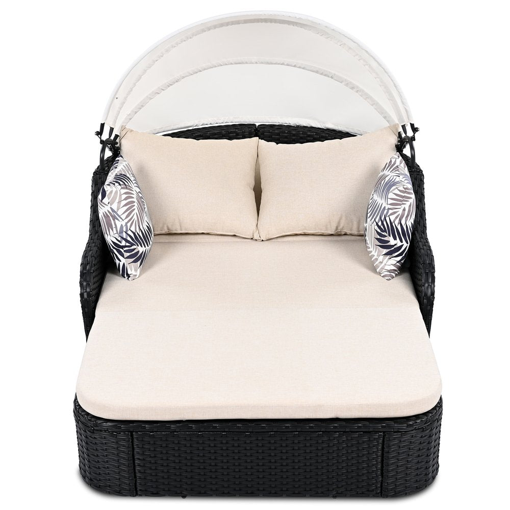 48" Black Rattan and Cushions Patio Daybed with Toss Pillows