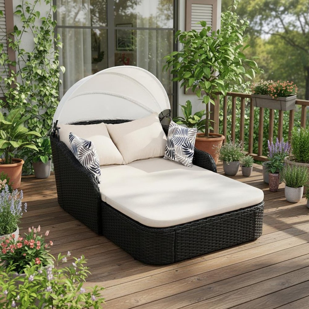 48" Black Rattan and Cushions Patio Daybed with Toss Pillows