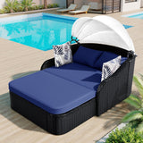 48" Blue Rattan and Cushions Patio Daybed with Toss Pillows