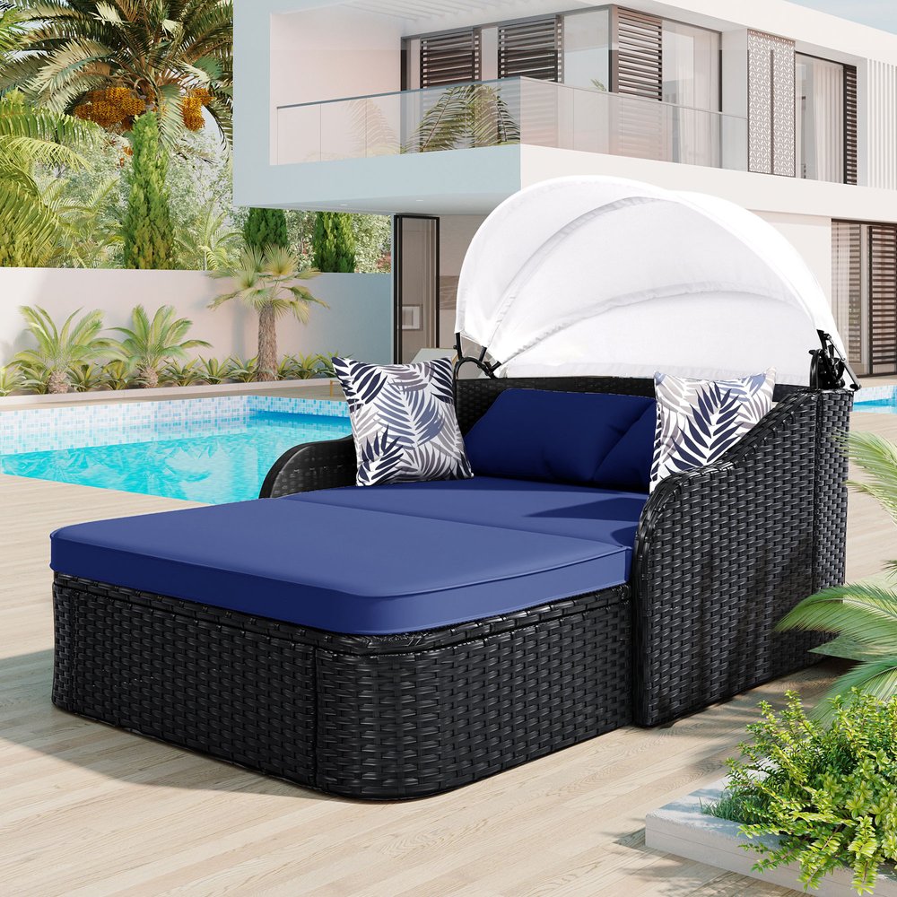 48" Blue Rattan and Cushions Patio Daybed with Toss Pillows