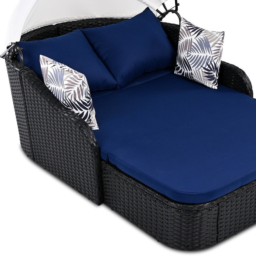48" Blue Rattan and Cushions Patio Daybed with Toss Pillows