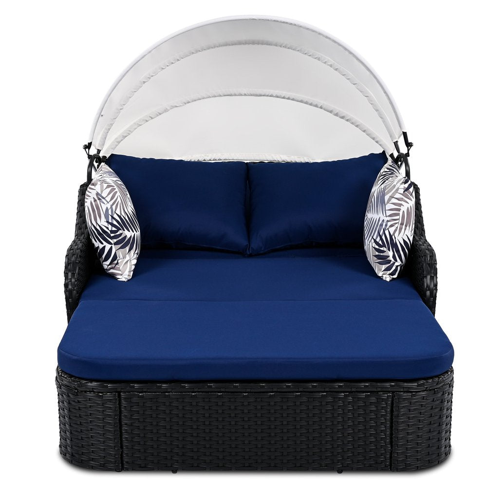 48" Blue Rattan and Cushions Patio Daybed with Toss Pillows