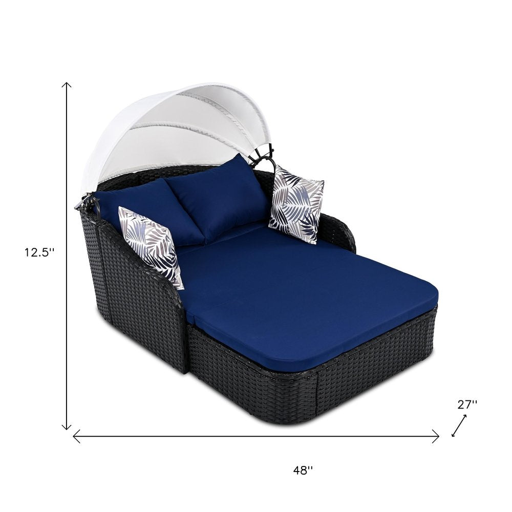 48" Blue Rattan and Cushions Patio Daybed with Toss Pillows