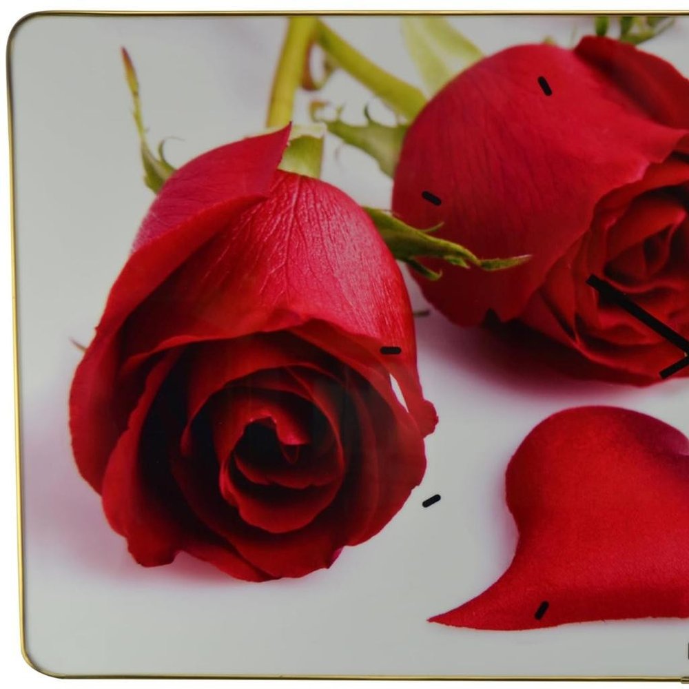 24" Red White And Gold Solid Wood and Acrylic Silent Roses Floral Wall Clock