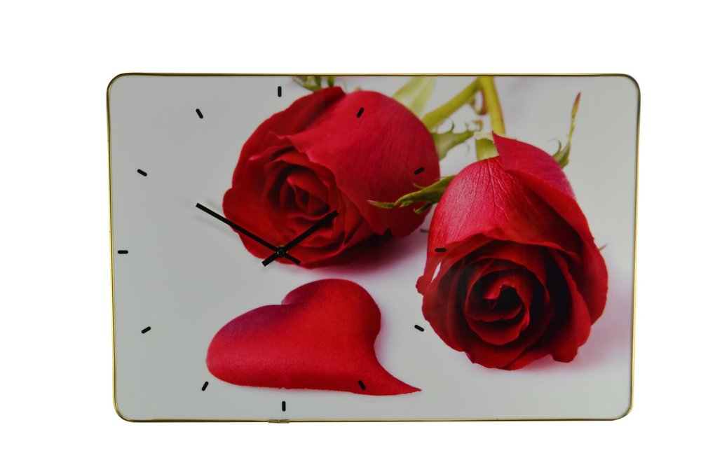 24" Red White And Gold Solid Wood and Acrylic Silent Roses Floral Wall Clock
