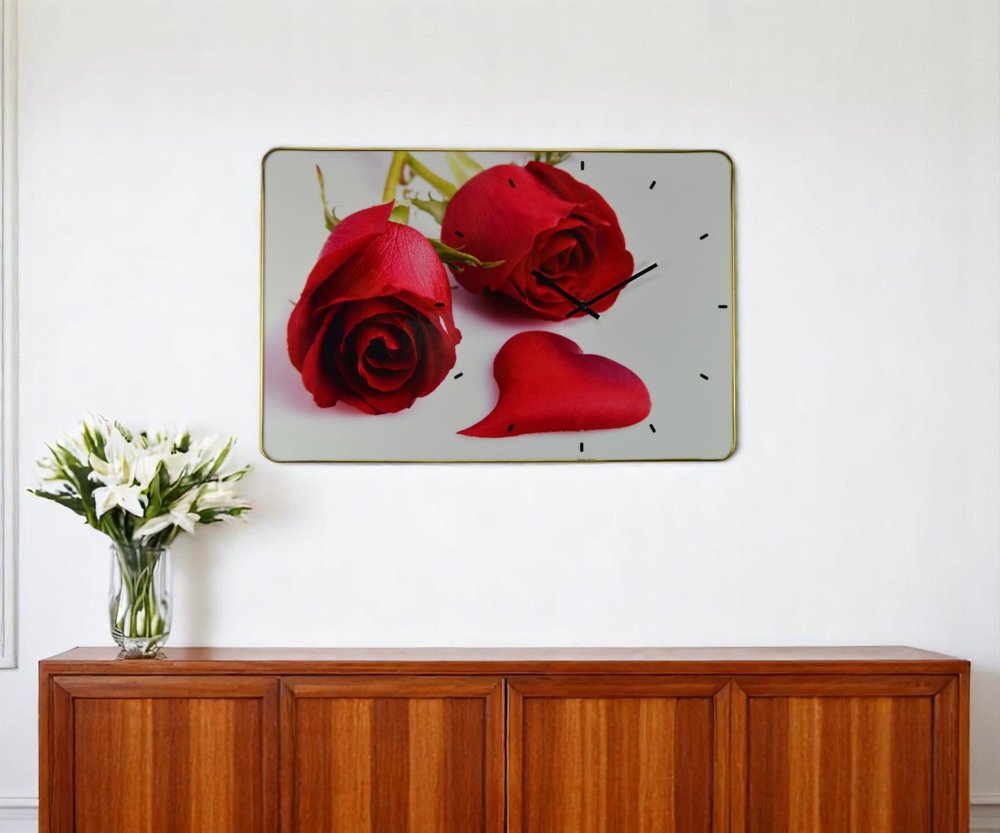 24" Red White And Gold Solid Wood and Acrylic Silent Roses Floral Wall Clock