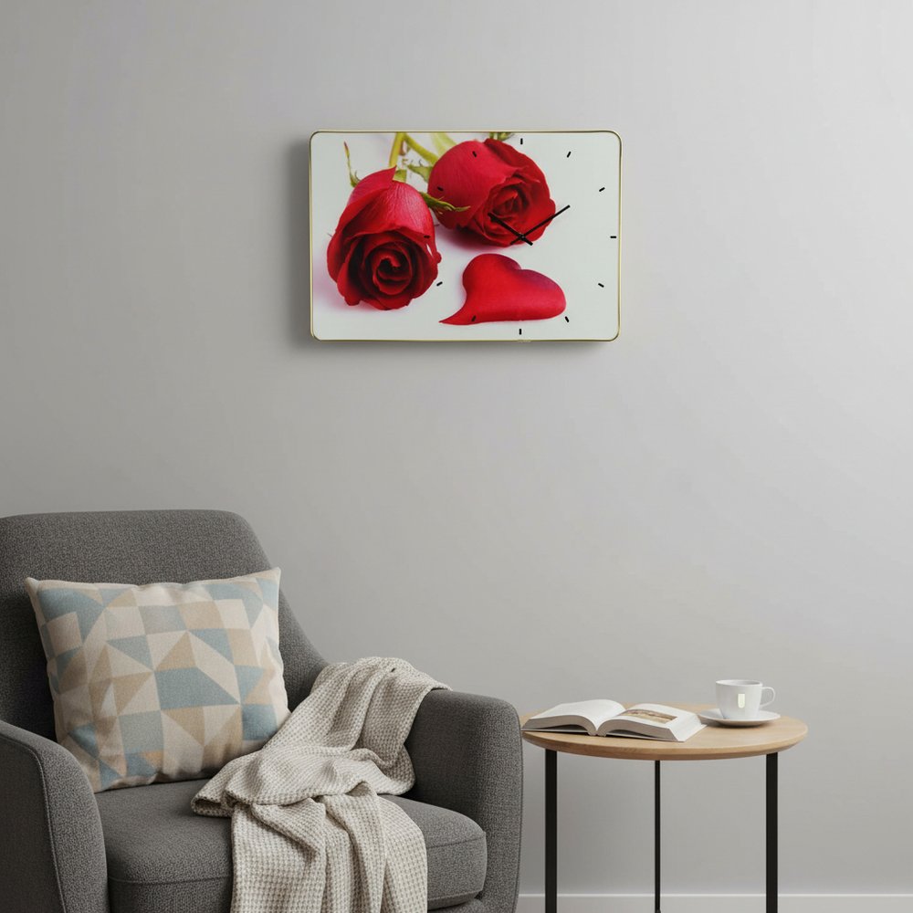 24" Red White And Gold Solid Wood and Acrylic Silent Roses Floral Wall Clock