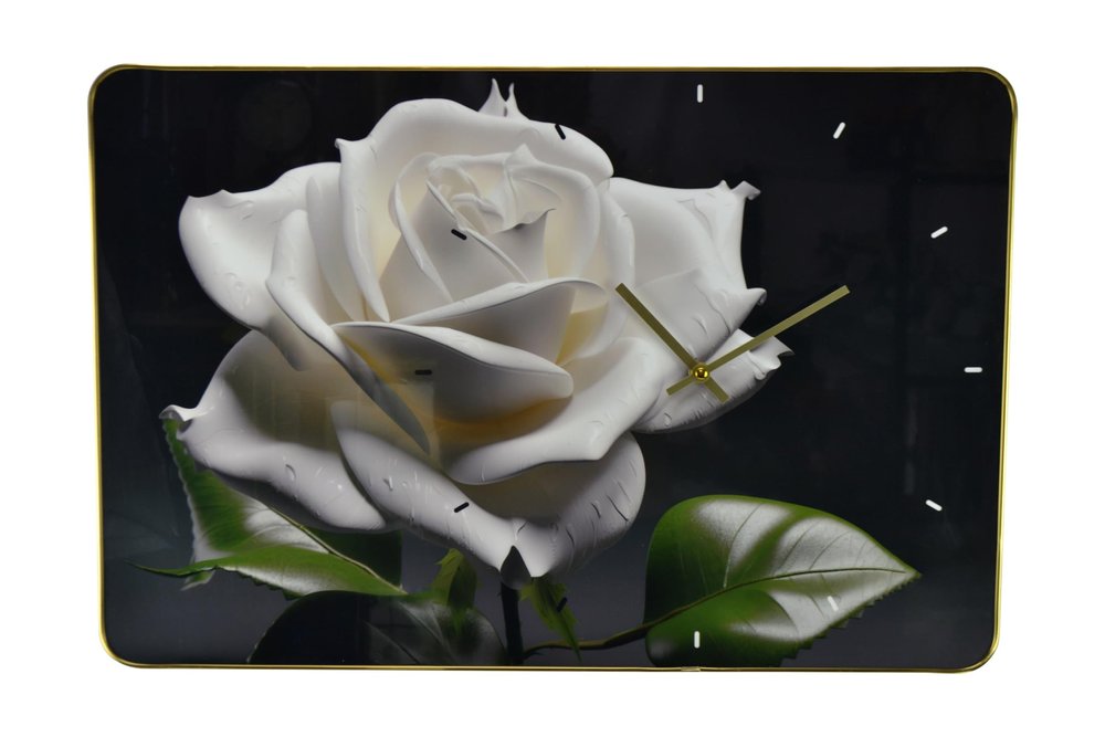 24" White Black And Green Solid Wood and Acrylic Silent Roses Floral Wall Clock