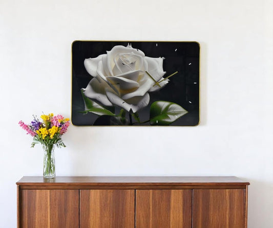 24" White Black And Green Solid Wood and Acrylic Silent Roses Floral Wall Clock