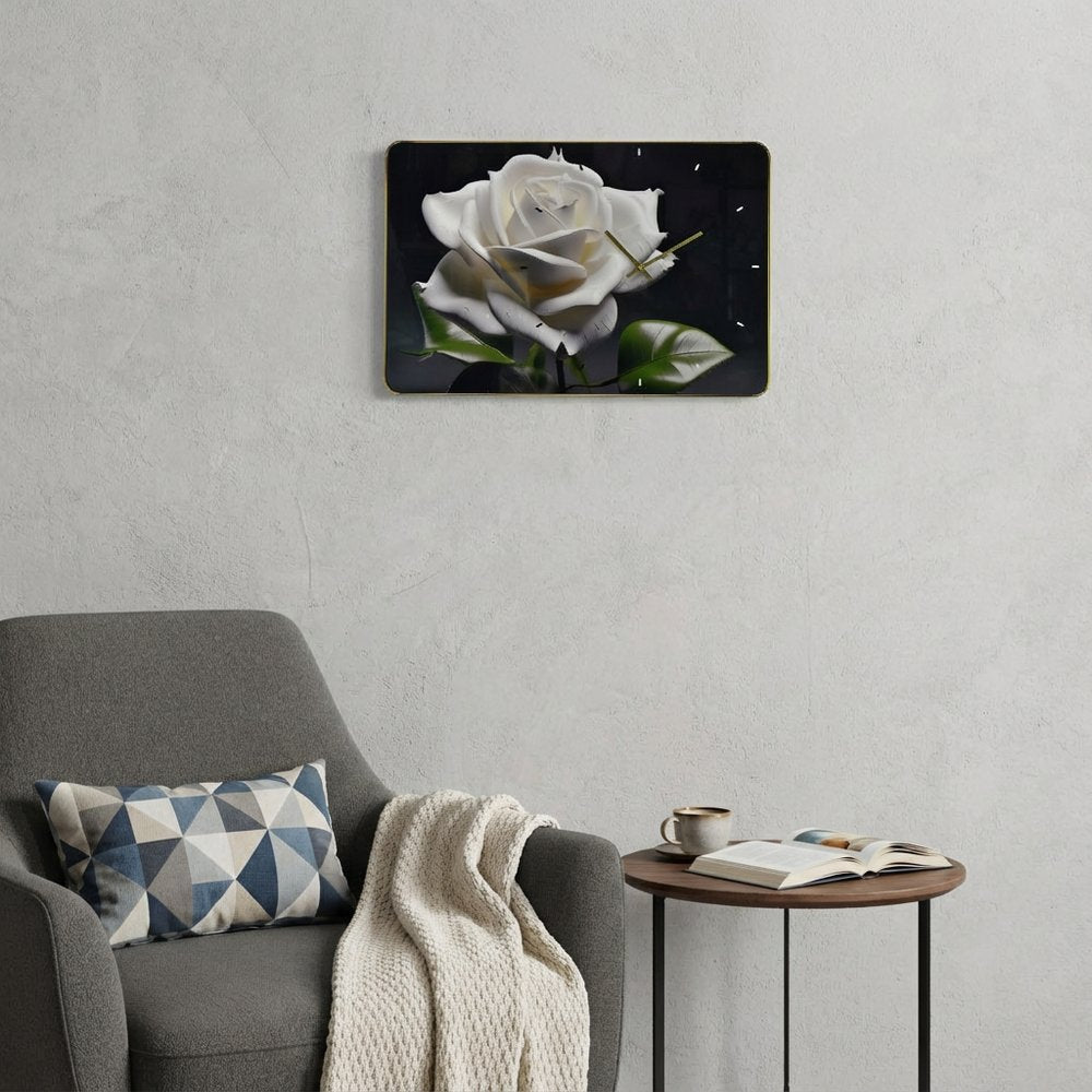 24" White Black And Green Solid Wood and Acrylic Silent Roses Floral Wall Clock