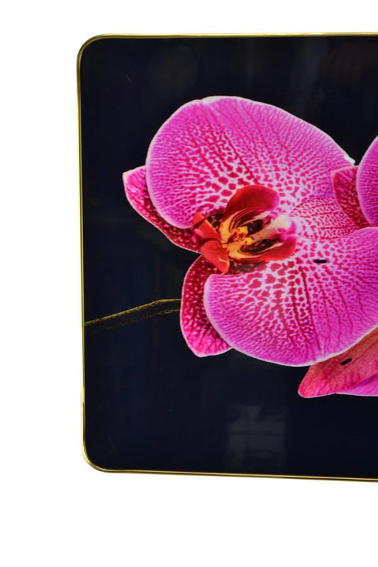 24" Pink Black And Gold Solid Wood and Acrylic Silent Orchids Floral Wall Clock