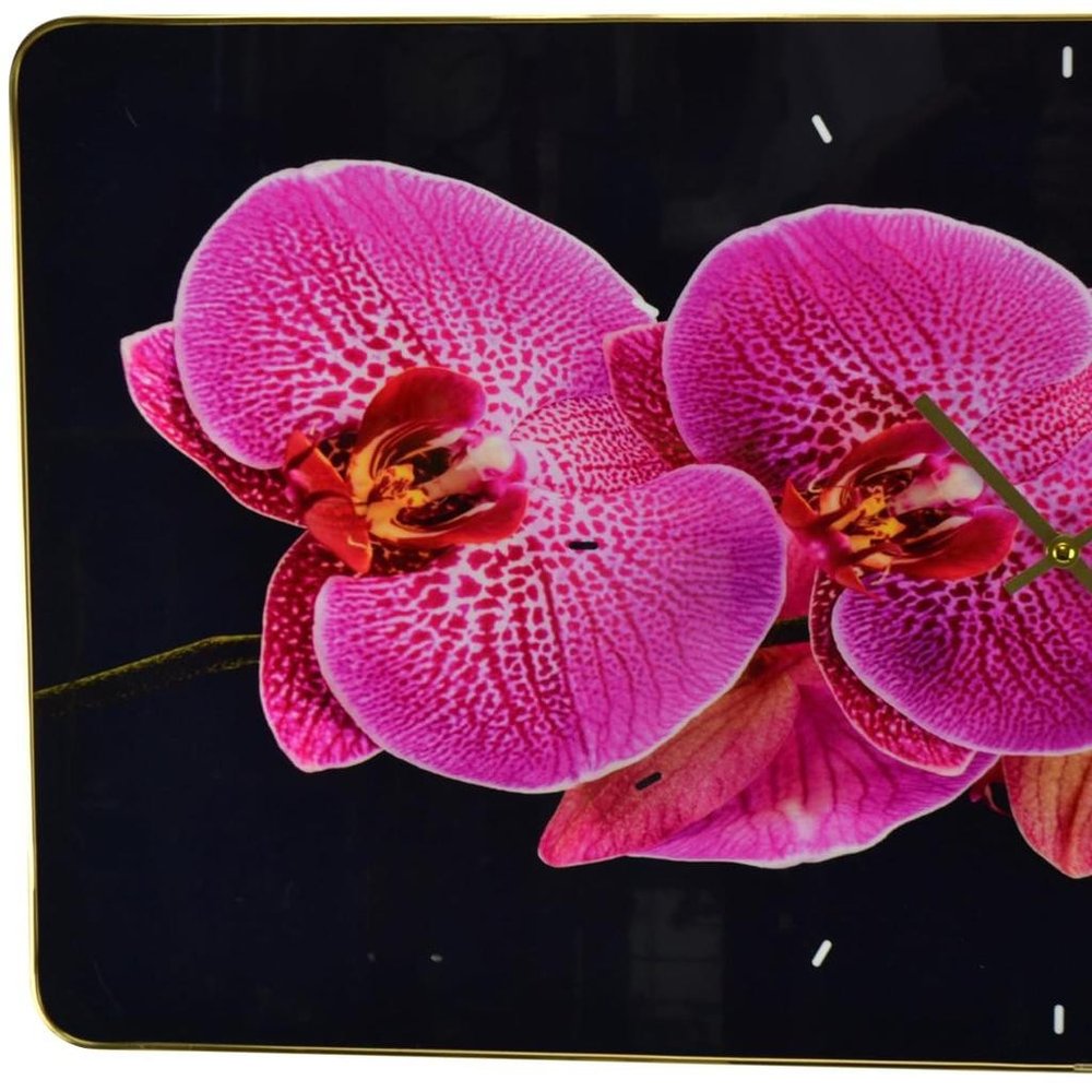 24" Pink Black And Gold Solid Wood and Acrylic Silent Orchids Floral Wall Clock